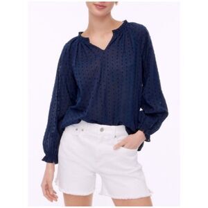 J.CREW Navy Blue Clip Dot Smocked Neck Blouse